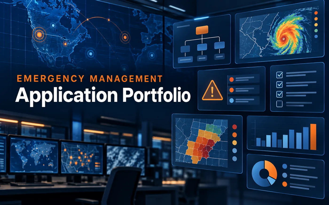 Emergency management application portfolio graphic showing interface concept panels