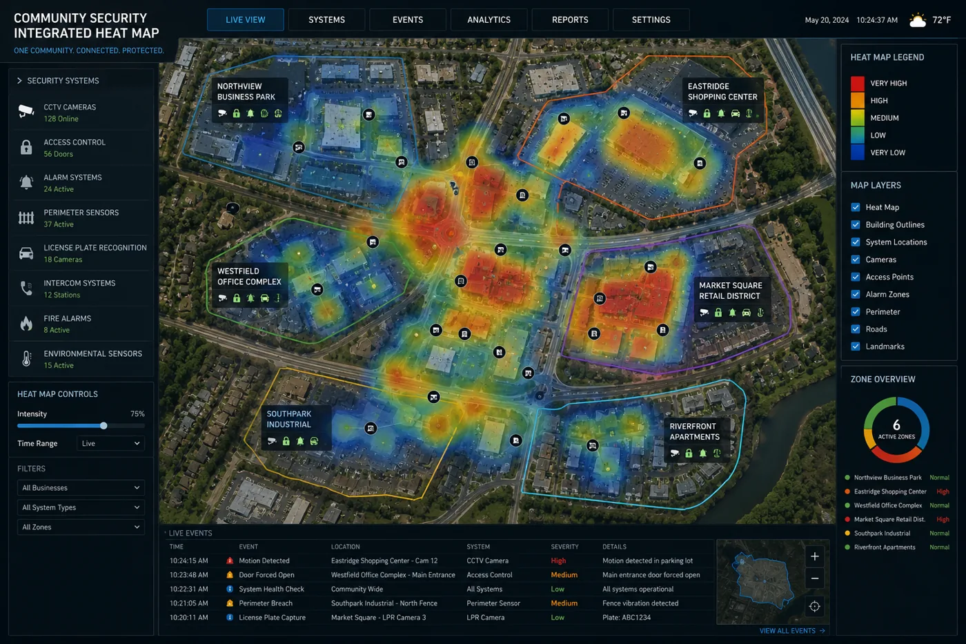 Concept preview of a community security heat map dashboard with example zones and events